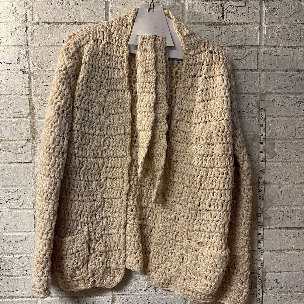 Vintage Tie Waist Open Front Cable Knit Neutral Ivory Cardigan